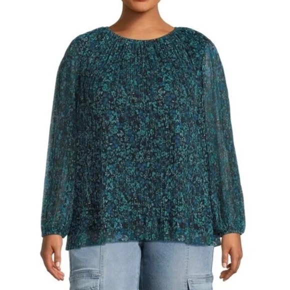 Terra Sky Tops - Terra Sky Plus Size 1X 16W 18W Blue Floral Sheer Long Sleeve Peasant Blouse